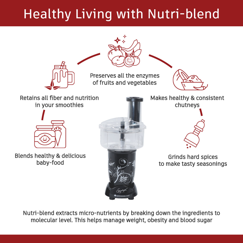 Nutri-blend Juicer, Mixer, Grinder, Smoothie Maker | Compact Food Processor with Atta Kneader | 400W 22000 RPM 100% Full Copper Motor | SS Blades | 4 Unbreakable Jars | 2 Years Warranty | Recipe Book By Chef Sanjeev Kapoor | Black