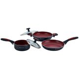Burlington Aluminium Nonstick Cookware Set, 5Pc (Wok with Lid, Sauce Pan With Lid, Fry Pan), Induction bottom, Soft-touch handles, Virgin Grade Aluminium, PFOA/Heavy Metals Free, 3mm, 2 Years Warranty, Red and Black