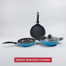 Load image into Gallery viewer, Athena Aluminium Non-Stick Cookware Set of 4 | Kadhai with Glass Lid 24cm, Fry Pan 24cm &amp; Dosa Tawa 25cm | Induction Friendly Cookware | Cool Touch Bakelite Handle | Pure Grade Aluminium | PFOA Free | 2 Year Warranty | Blue