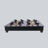 Ruby  4 Burner Glass Cooktop, Black Toughened Glass with 1 Year Warranty, Ergonomic Knobs,  Heat-Efficient Brass Burners, Stainless-steel Spill Tray, Manual Ignition