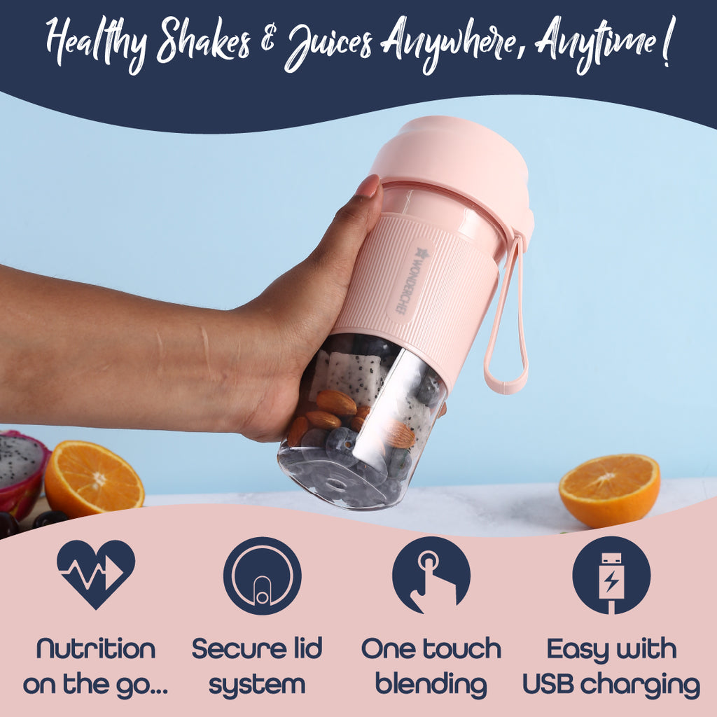 Nutri-Cup Portable Blender | USB Charging | Smoothie maker | SS Blades | Battery Operated Rechargeable Blender | 300ml | Compact Size | Pink
