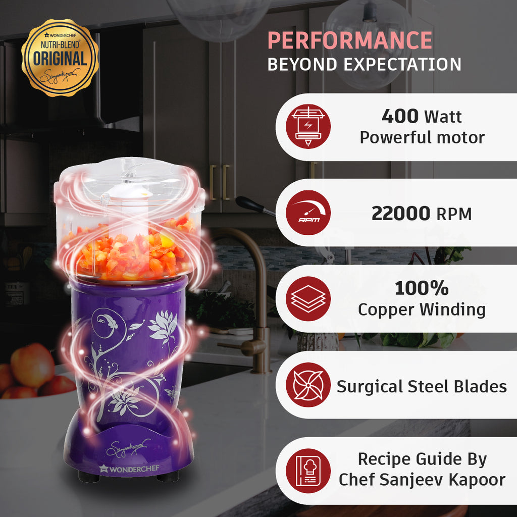 Nutri-blend Complete Kitchen Machine, 400W, 22000 RPM 100% Full Copper Motor, Mixer-Grinder, Blender, Chopper, Juicer, SS Blades, 4 Unbreakable Jars, 2 Years Warranty, Purple, Recipe Book By Chef Sanjeev Kapoor