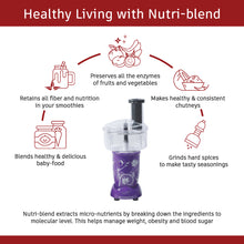 Load image into Gallery viewer, Nutri-blend Food Processor with Atta Kneader, 400W, 22000 RPM Mixer-Grinder, Blender, Chopper, Juicer, SS Blades, 4 Unbreakable Jars, 2 Years Warranty, Purple, E-Recipe Book By Chef Sanjeev Kapoor