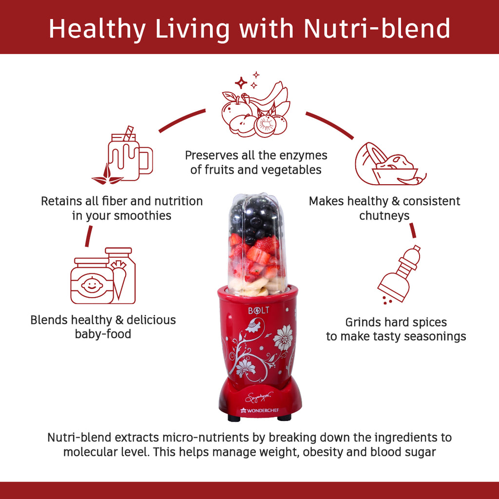 Nutri-blend BOLT-600W Mixer-Grinder, Stronger & Swifter with Sipper Lid, 22000RPM 100% Full Copper Motor, 2 Unbreakable Jars, Sharper Steel Blades, 2 Years Warranty, Red, Recipe Book By Chef Sanjeev Kapoor